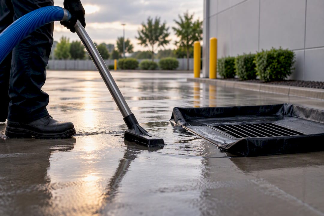 Captured rinse water beside covered storm drain