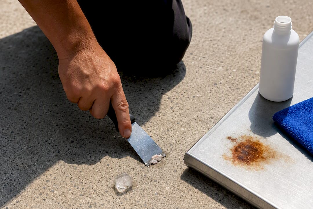 Removing gum beside rust-stained patio surface