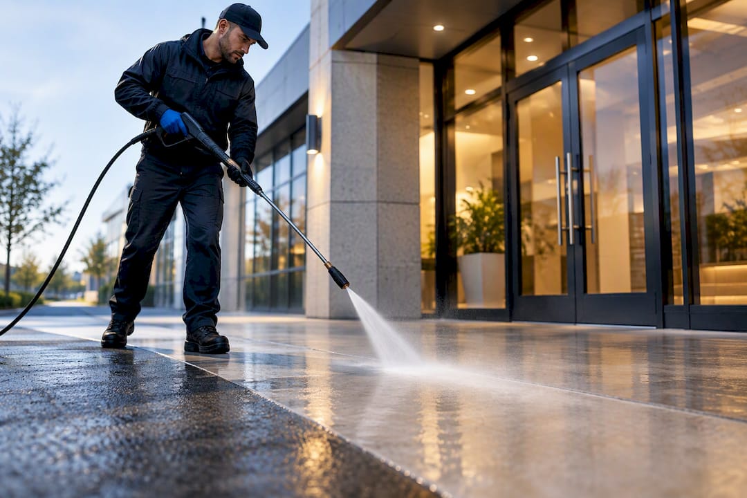 Technician cleaning a storefront sidewalk