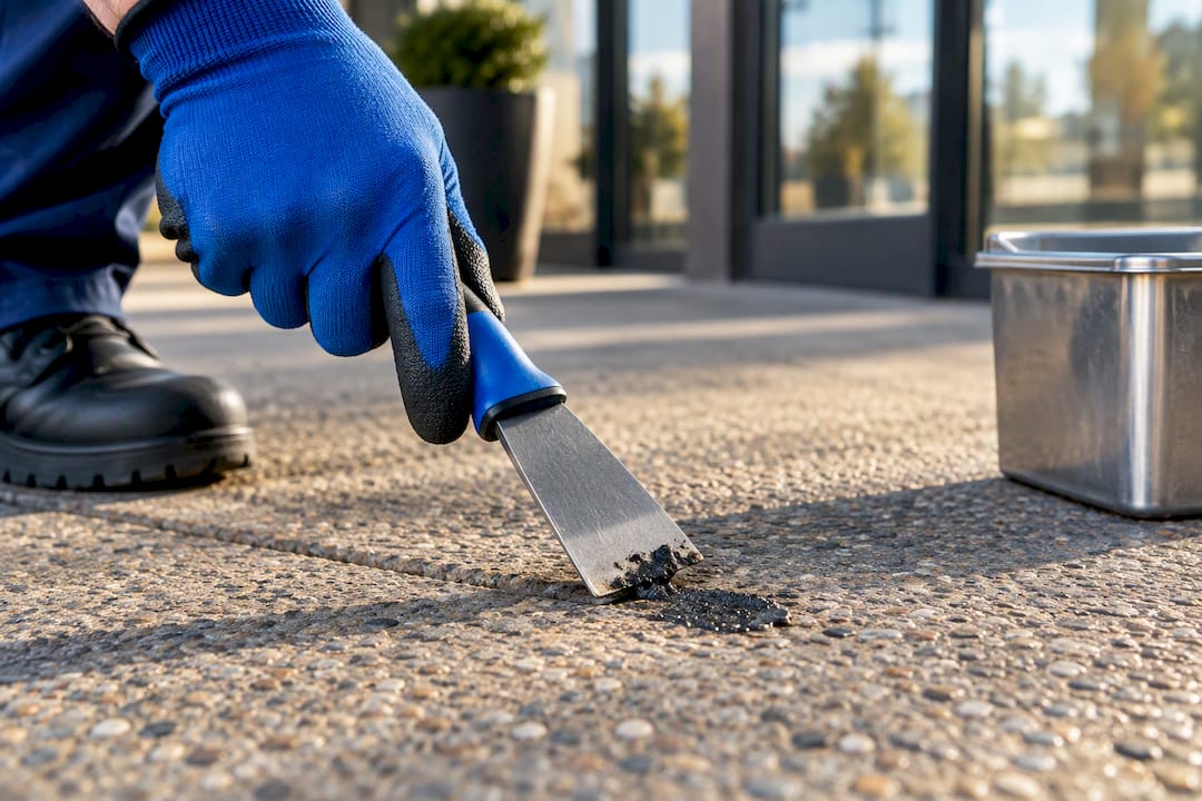 Technician scraping gum from sidewalk concrete