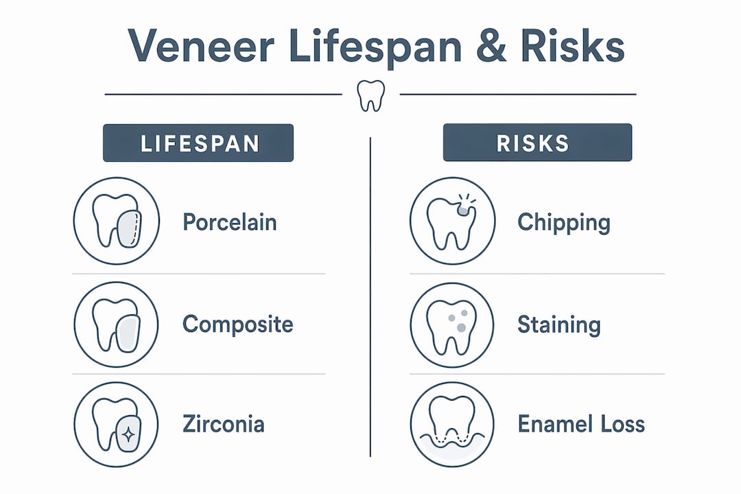 Infographic comparing veneer lifespan types and associated risks