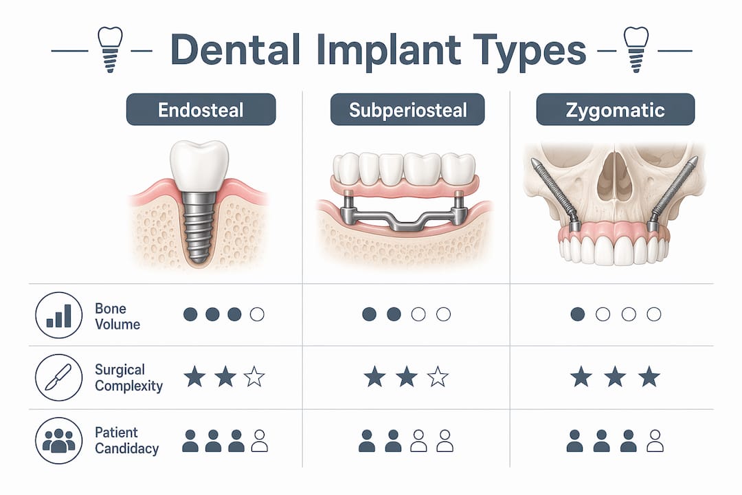 Infographic illustrating types of dental implants and key factors