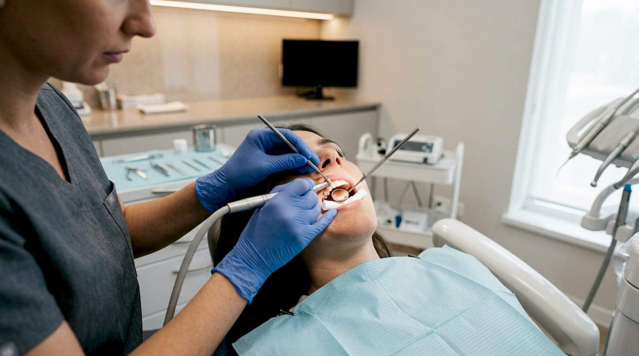 Dentist preparing tooth enamel for veneer placement