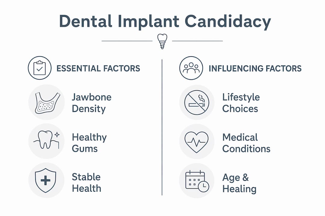 Infographic comparing candidacy factors for dental implants