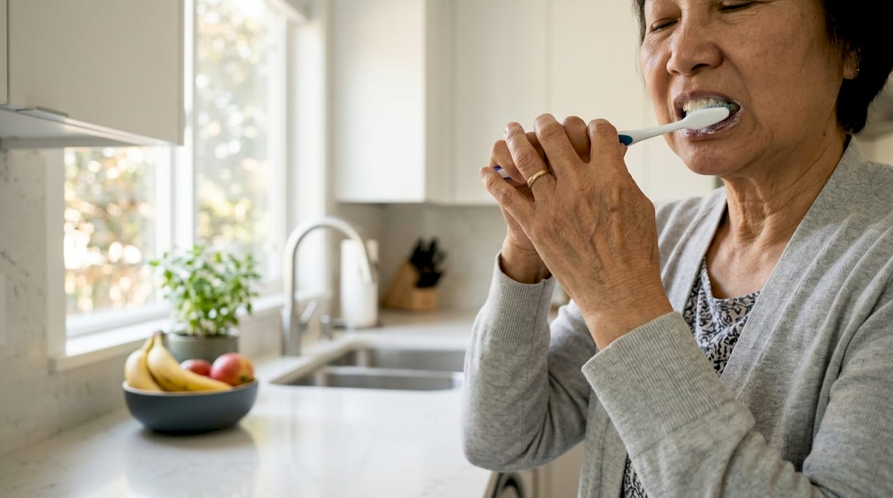 Hands brushing teeth for implant care