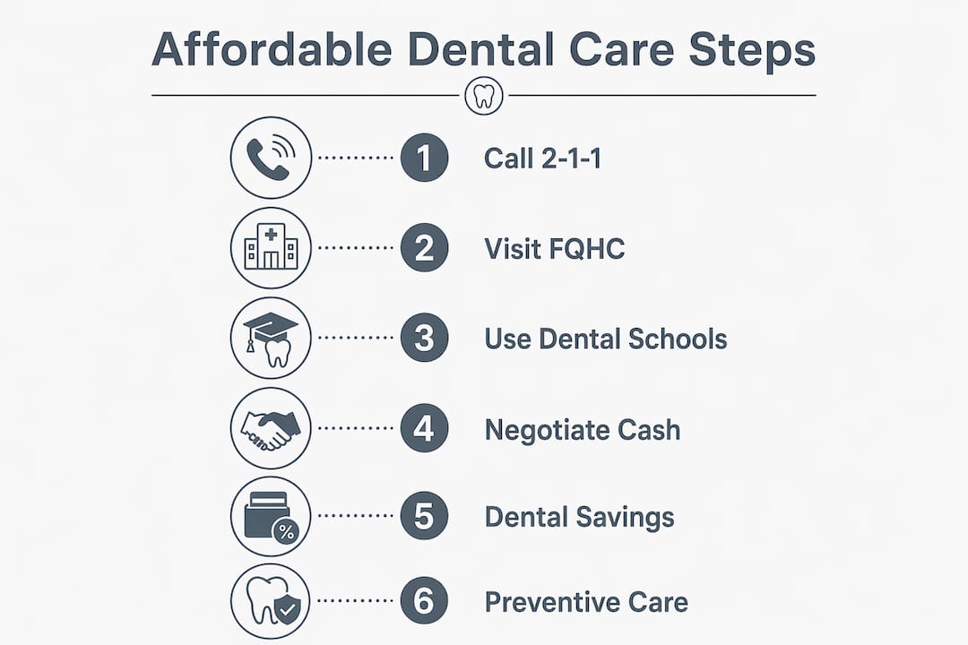 Infographic showing steps to affordable dental care
