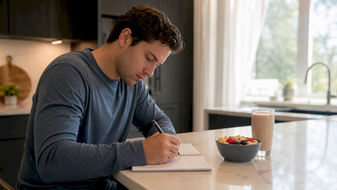 Patient recording soft diet food journal at dining table