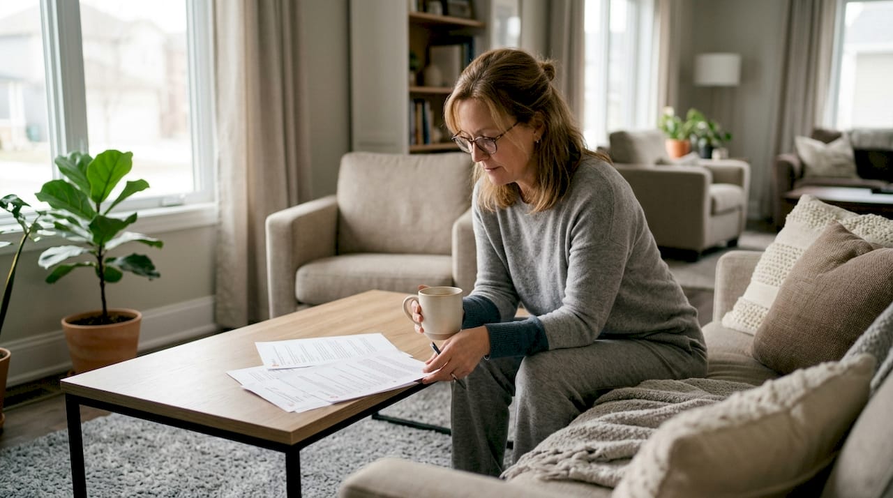 Woman reading dental implant patient reviews at table