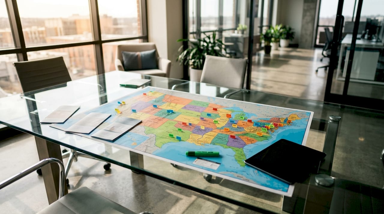 Overhead view of US map with dental implant price indicators