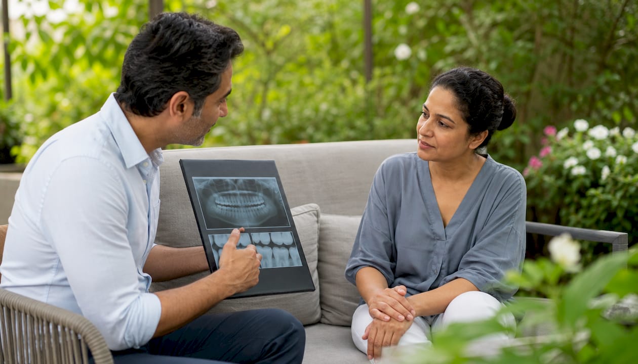 Patient consulting dentist about dental implants