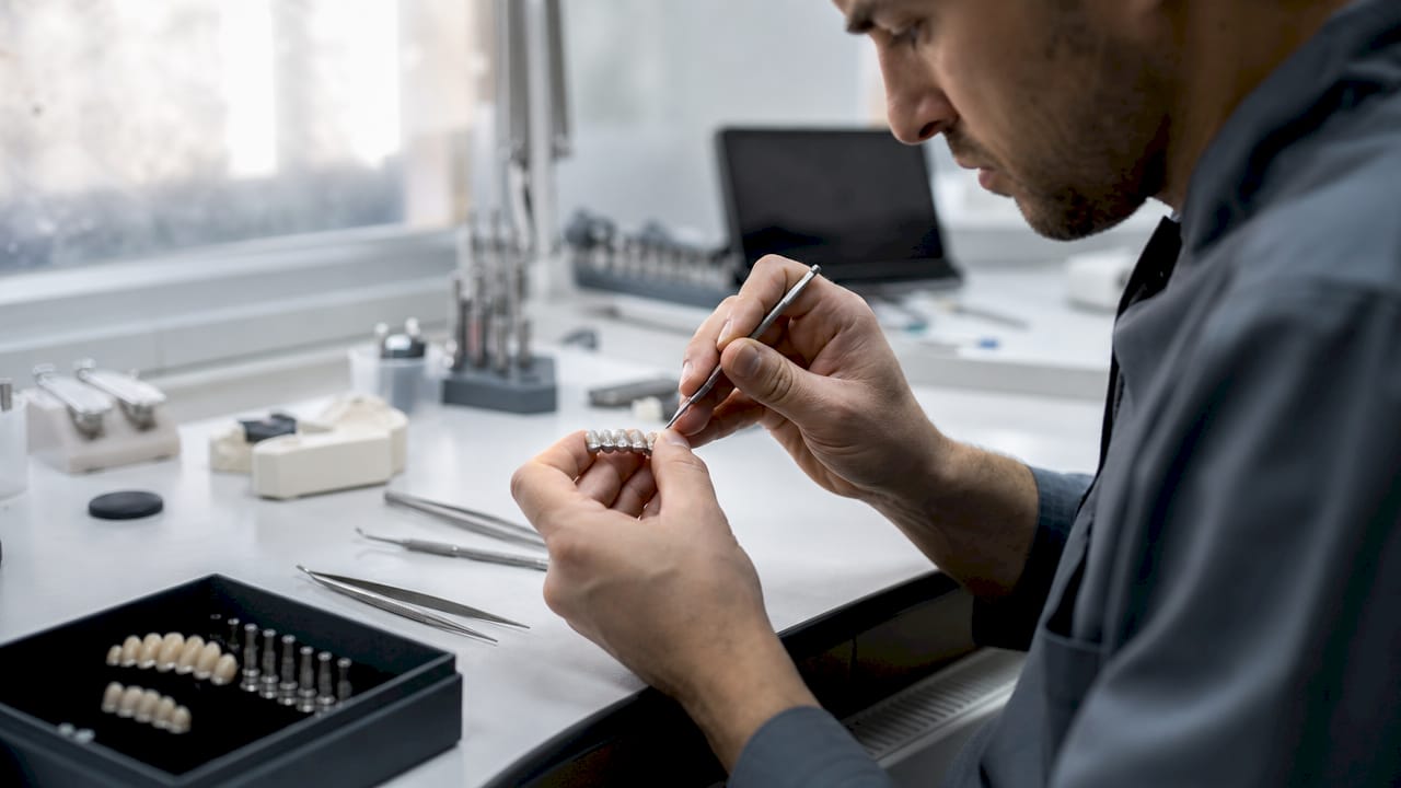 Dental technician assembling implant bridge