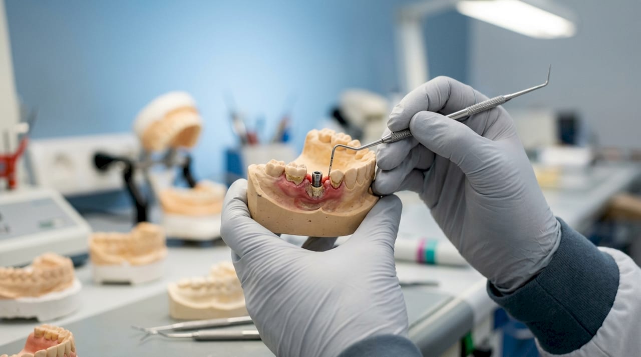 Close-up dental implant with inflamed gums