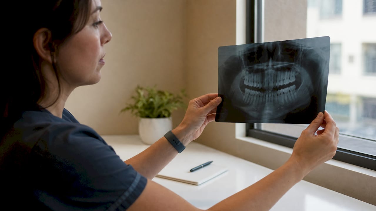 Dentist examining dental X-ray for implant evaluation