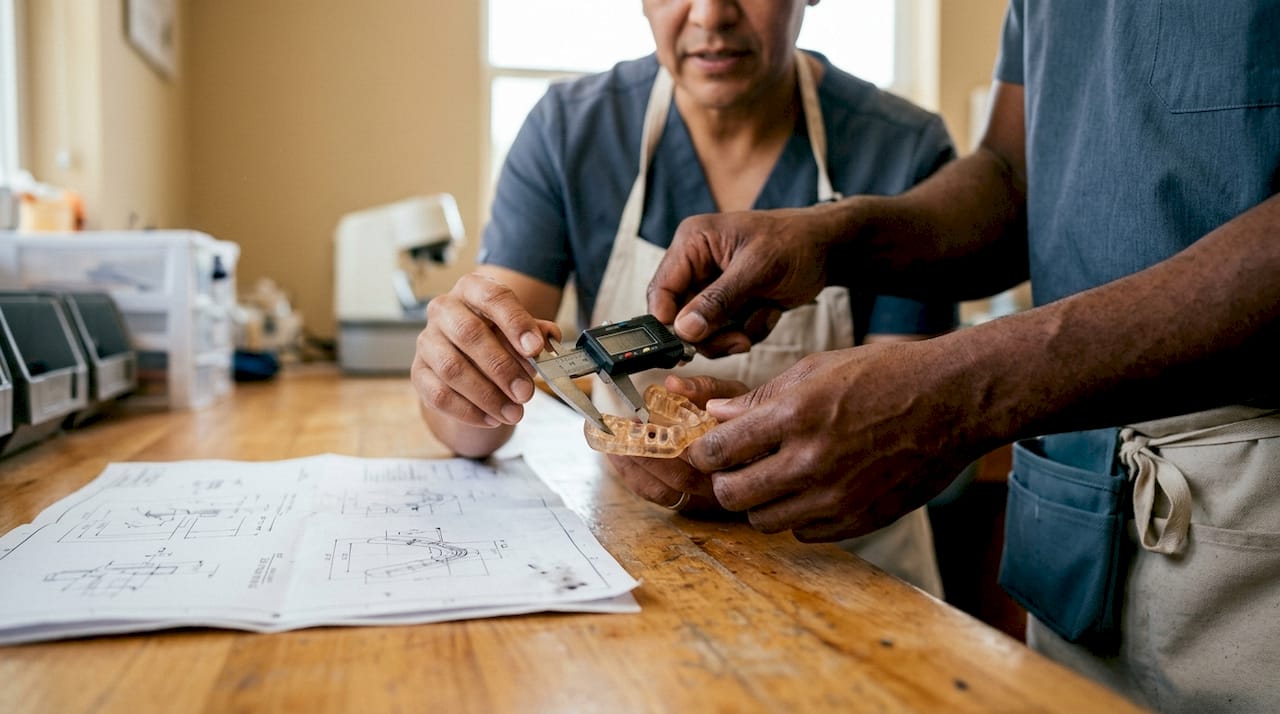 Hands examining 3D printed dental implant guide