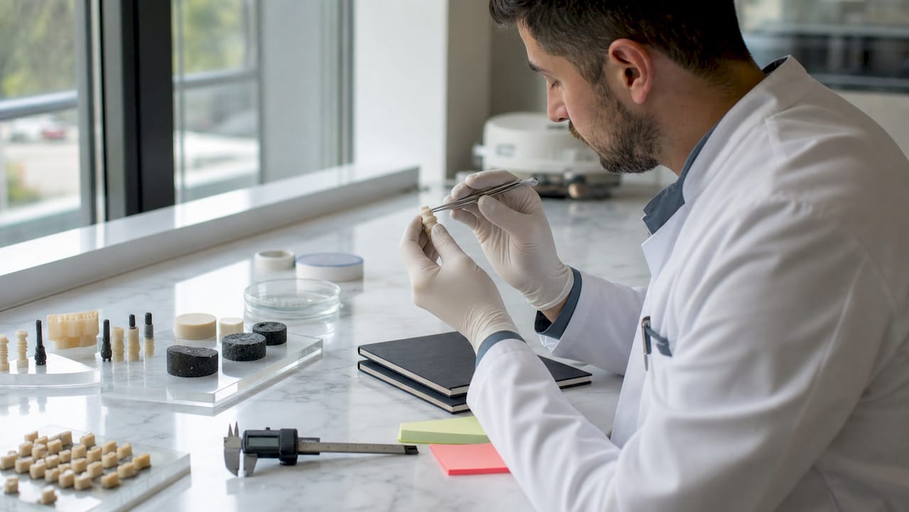Hands examining dental implant material samples