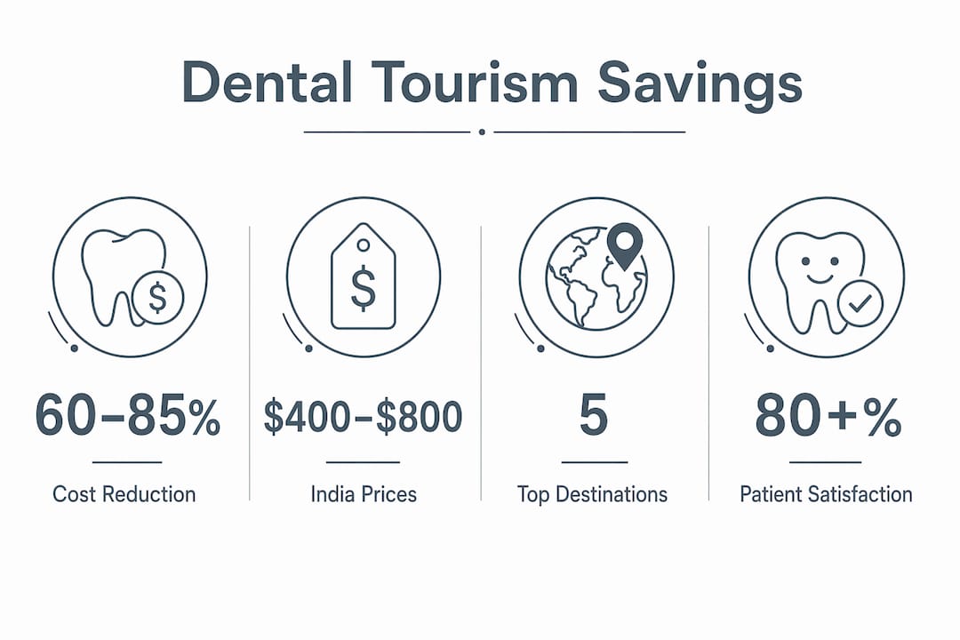 Infographic depicting dental tourism cost savings and key statistics