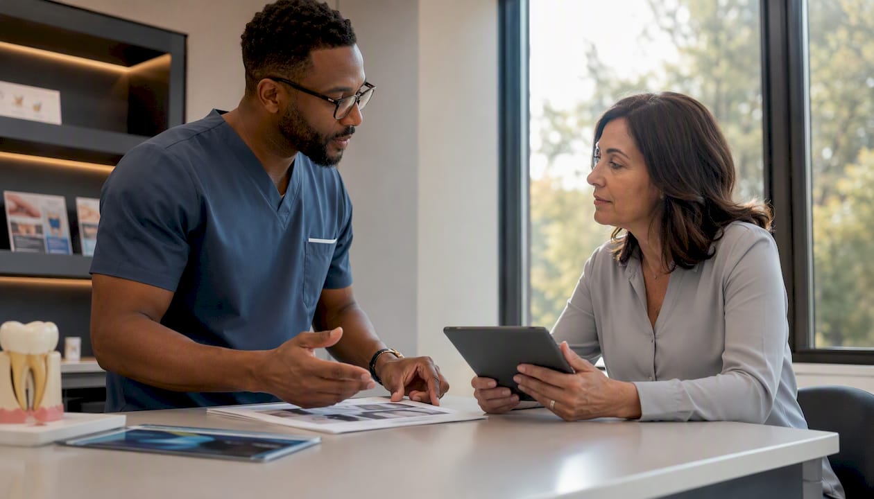 Dentist discussing dental implant costs with patient