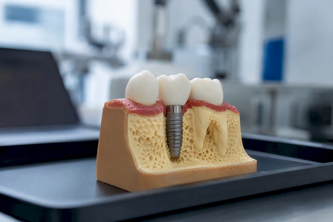 Anatomical model of jawbone with dental implant