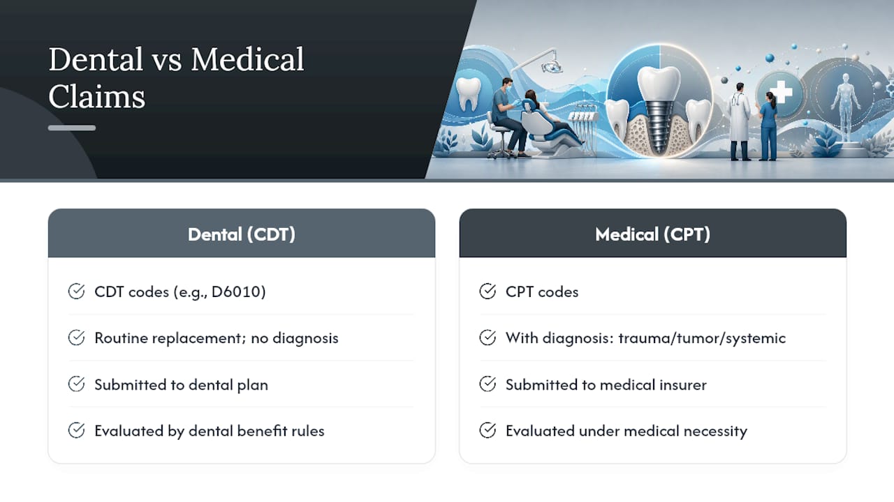 Diagram comparing dental vs medical implant coding and coverage