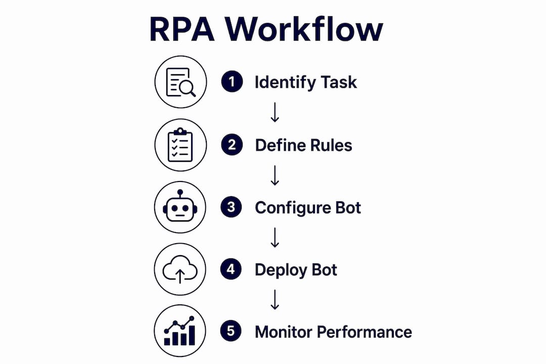 Infographic illustrating steps in RPA workflow process
