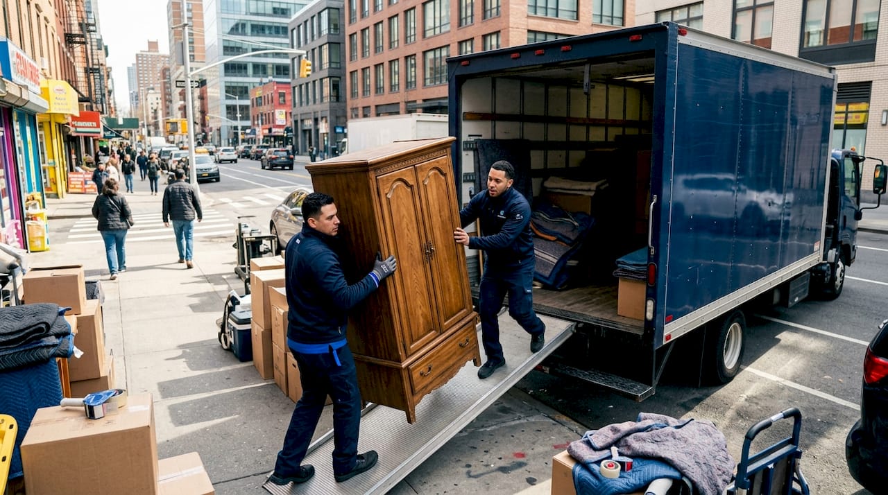 Movers loading furniture into truck outdoors