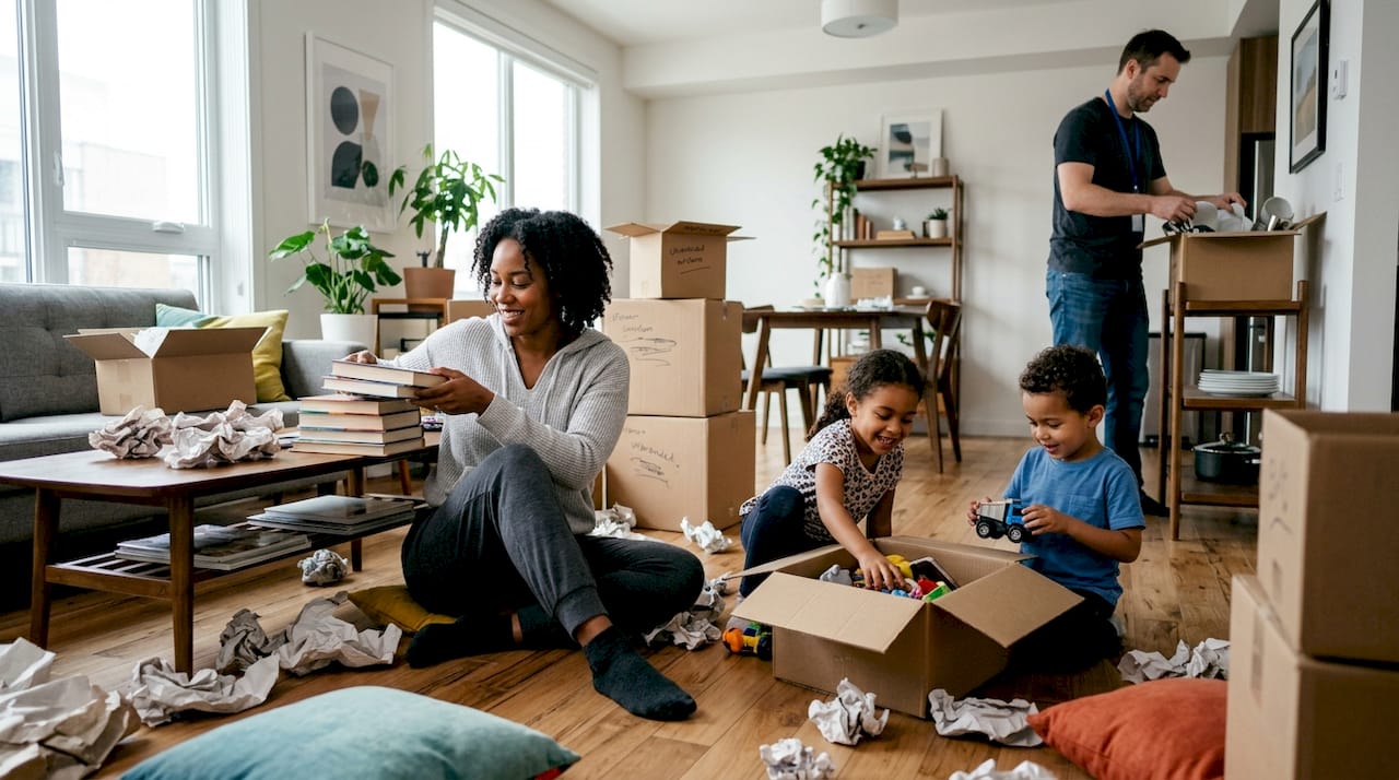 Family unpacking boxes in new living room