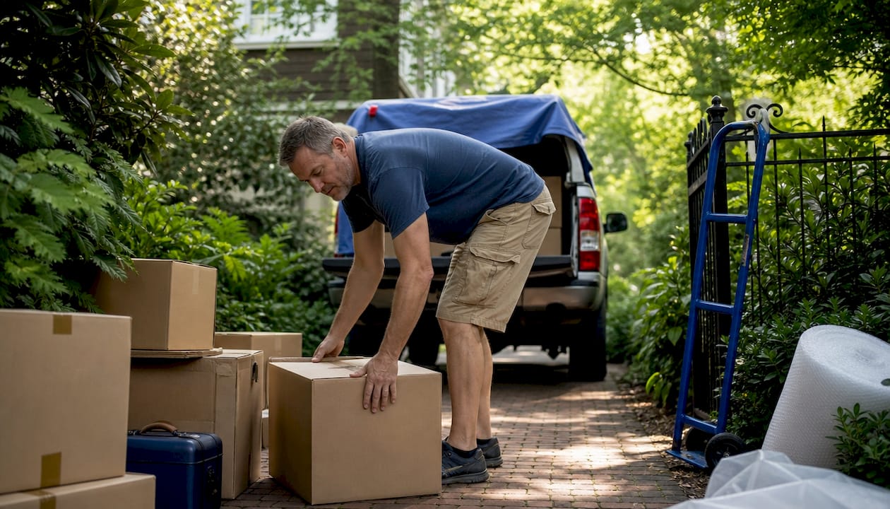 Man loading boxes into truck for small cross-Canada move