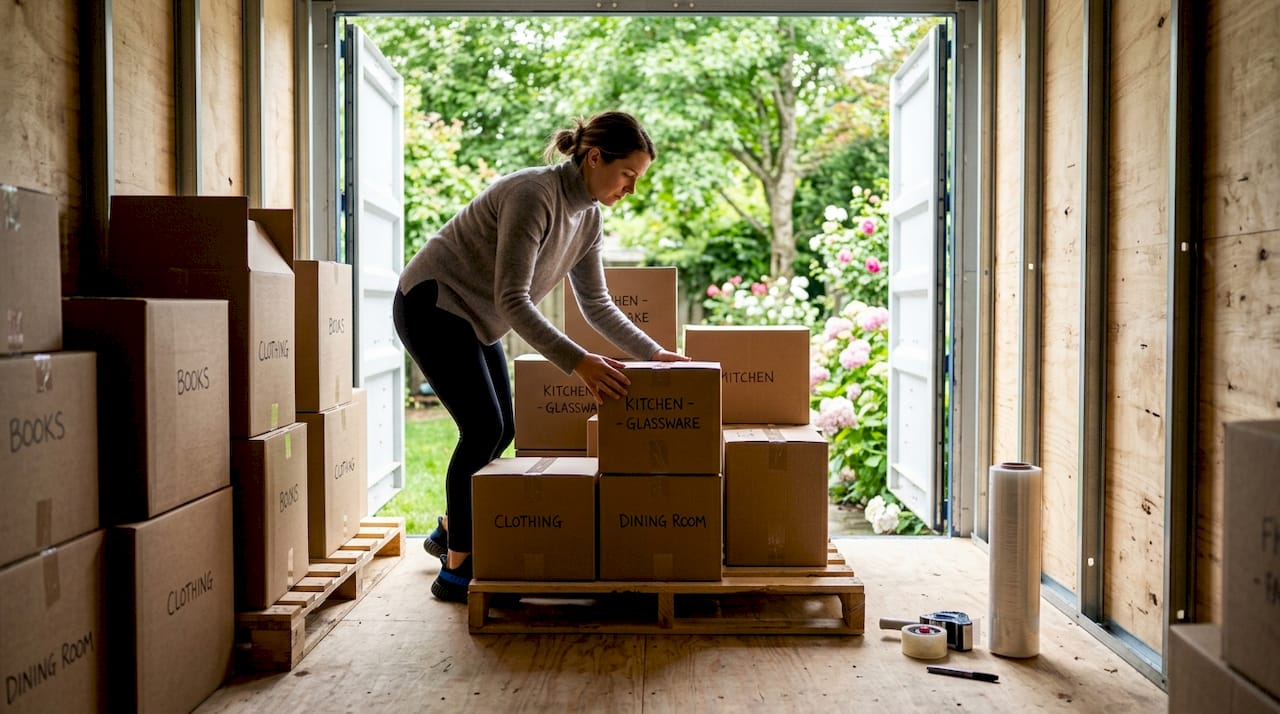 Woman organizing boxes inside portable moving container
