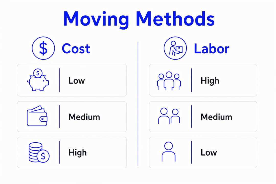 Infographic comparing moving methods by cost and labor