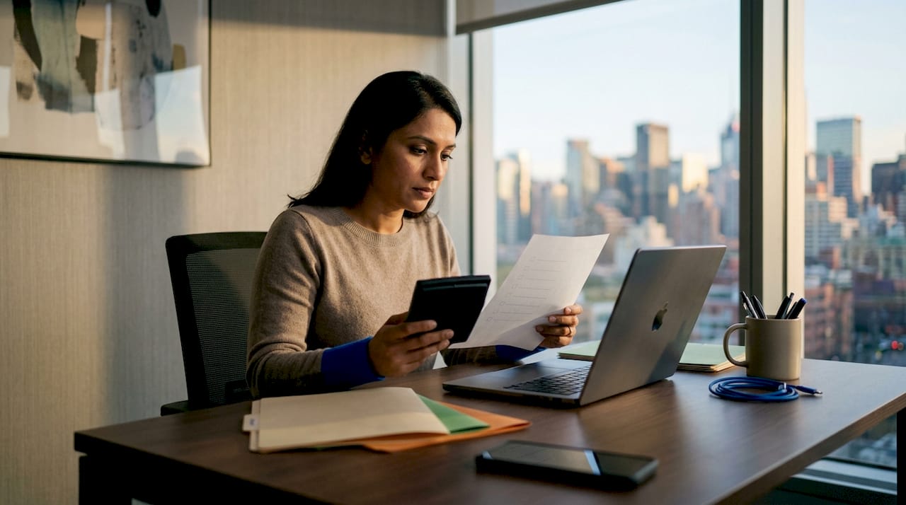 Woman calculating moving costs at home