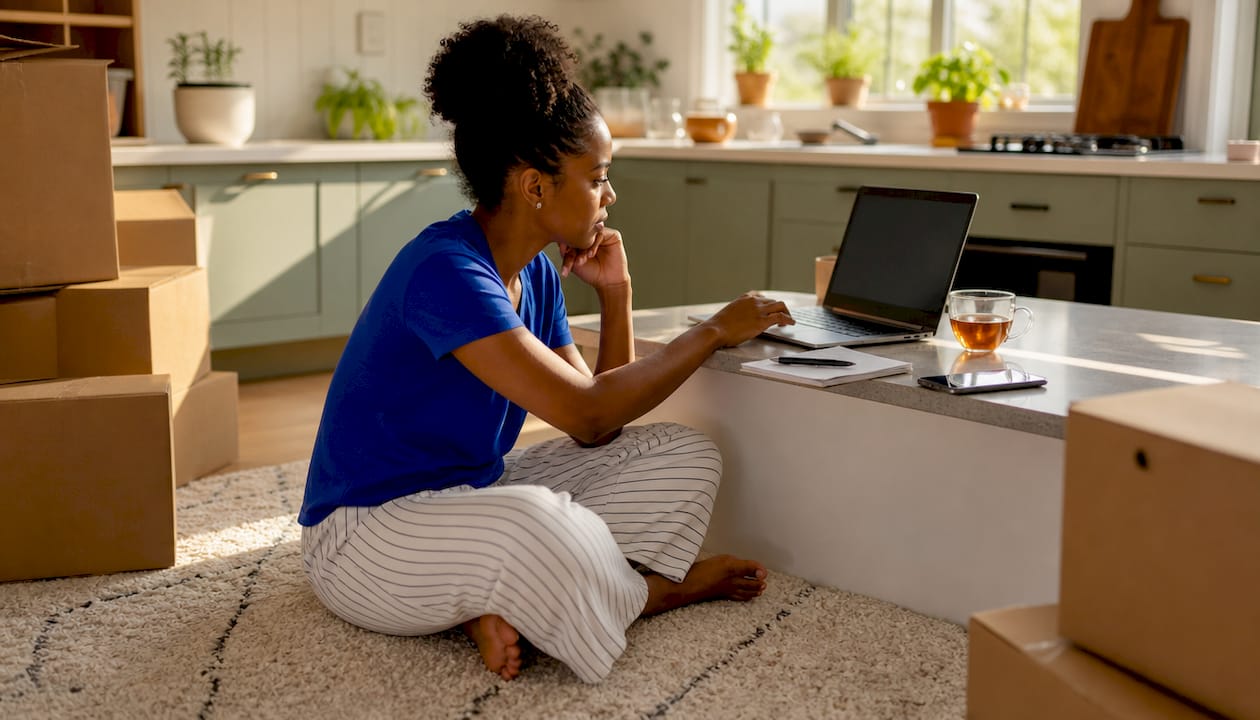 Person planning long distance move with laptop