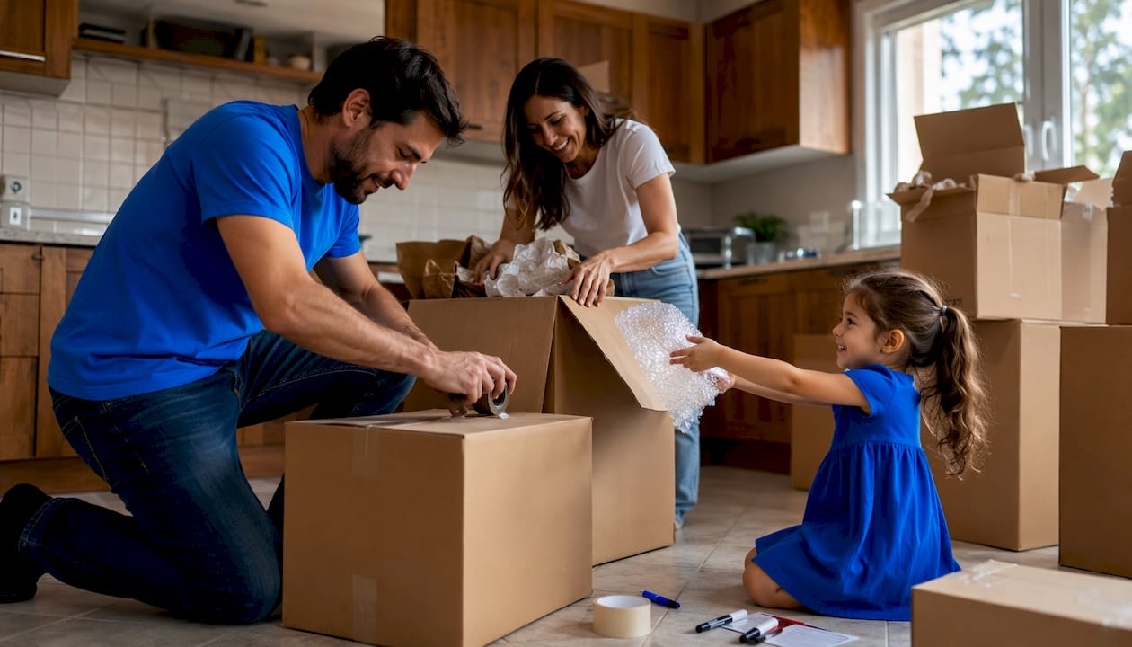 Family packing large shipping box at home