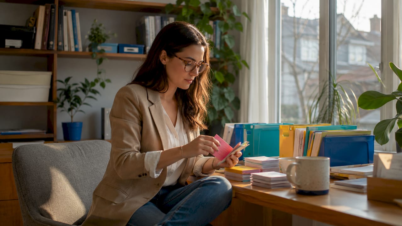 Woman organizing home office with storage boxes