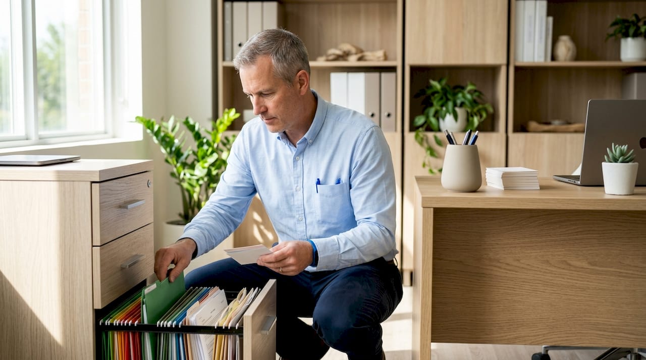 Male organizer working on home drawer in living room