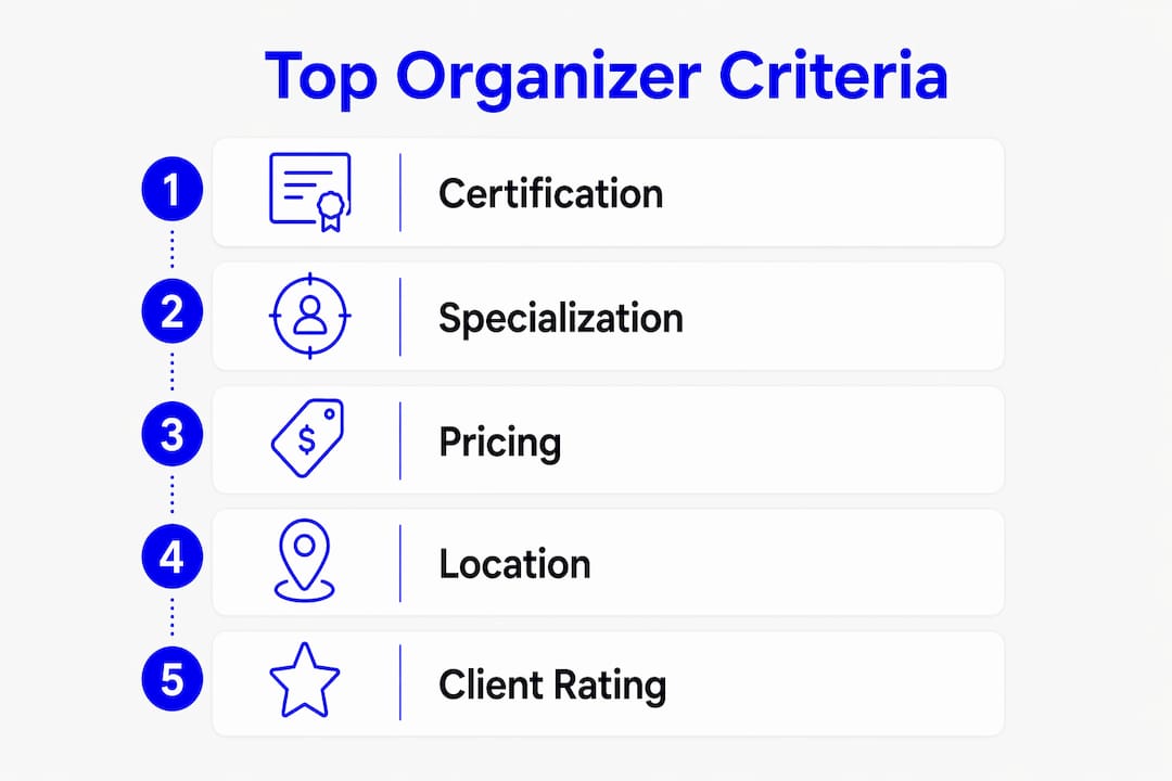 Infographic showing ranked organizer selection criteria