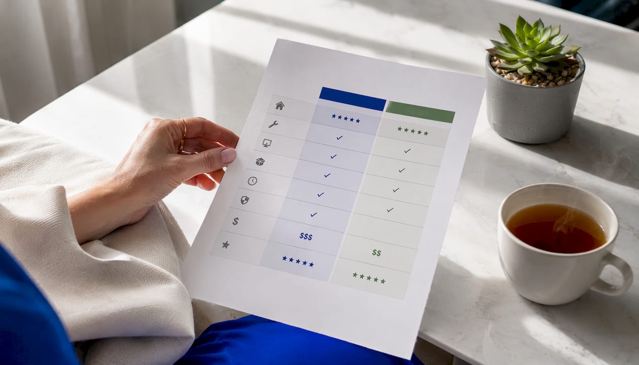 Hand holding home organization service comparison chart
