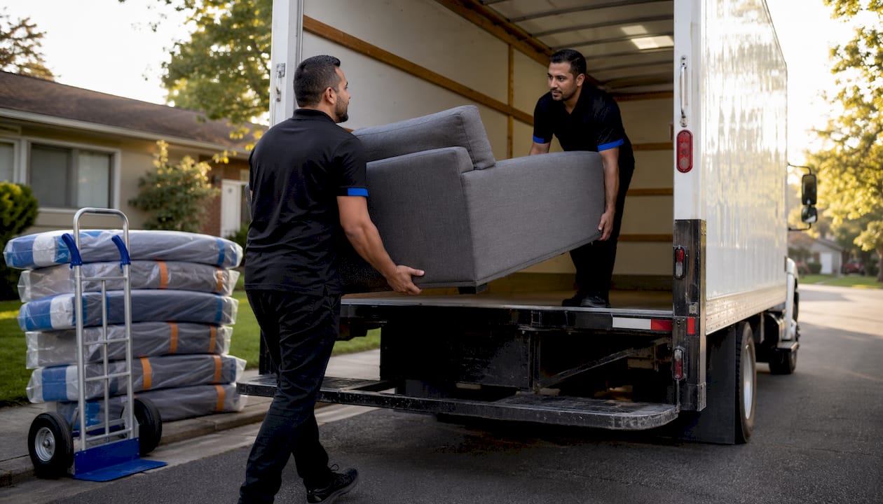 Movers loading furniture into truck near home