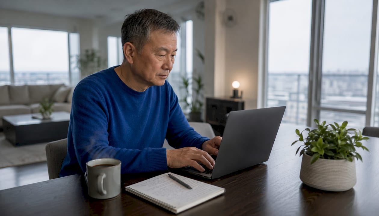 Man in kitchen during virtual decluttering session
