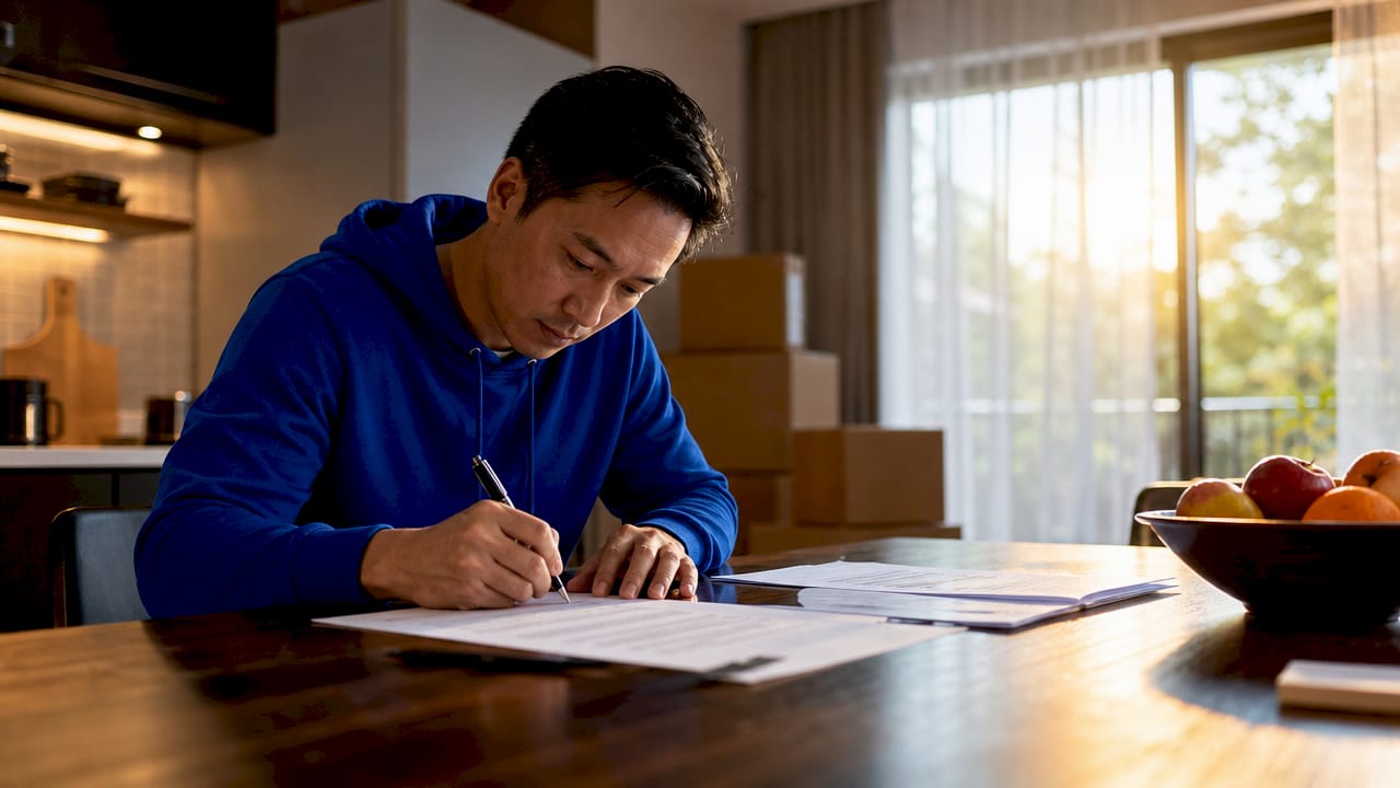 Person signing moving contract at home office desk