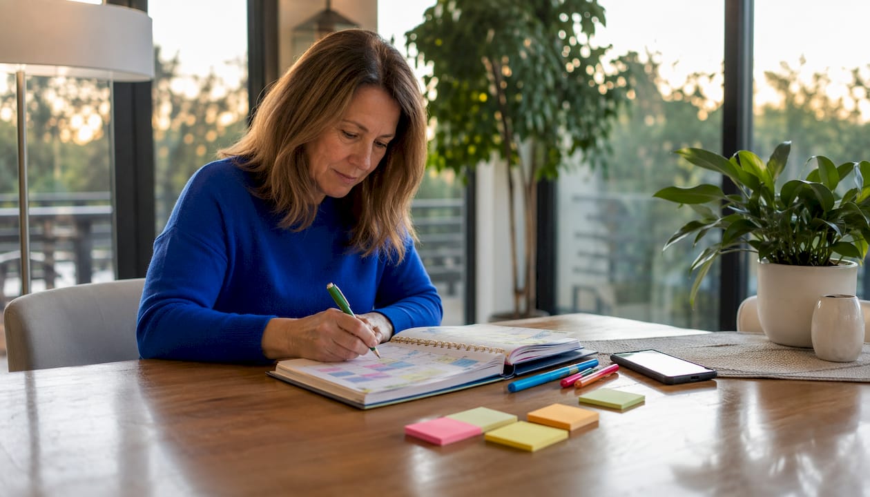 Woman planning moving dates on calendar