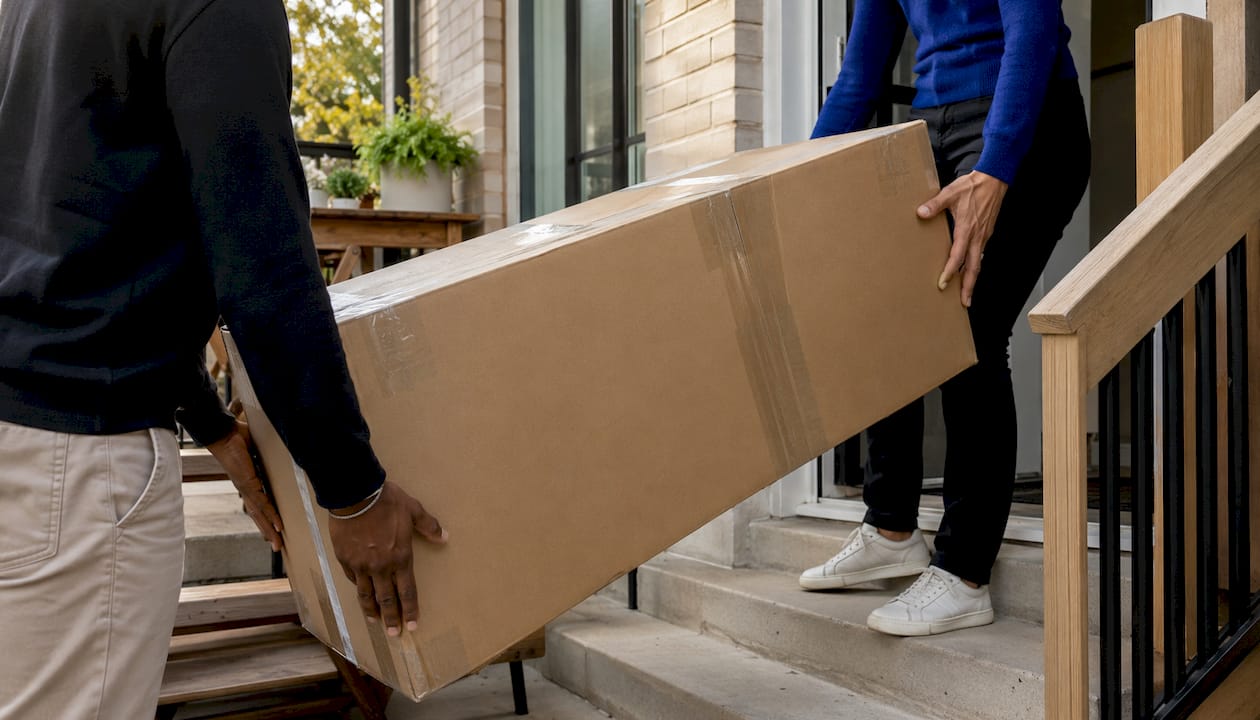 Hands carrying boxed chair during drop-off delivery