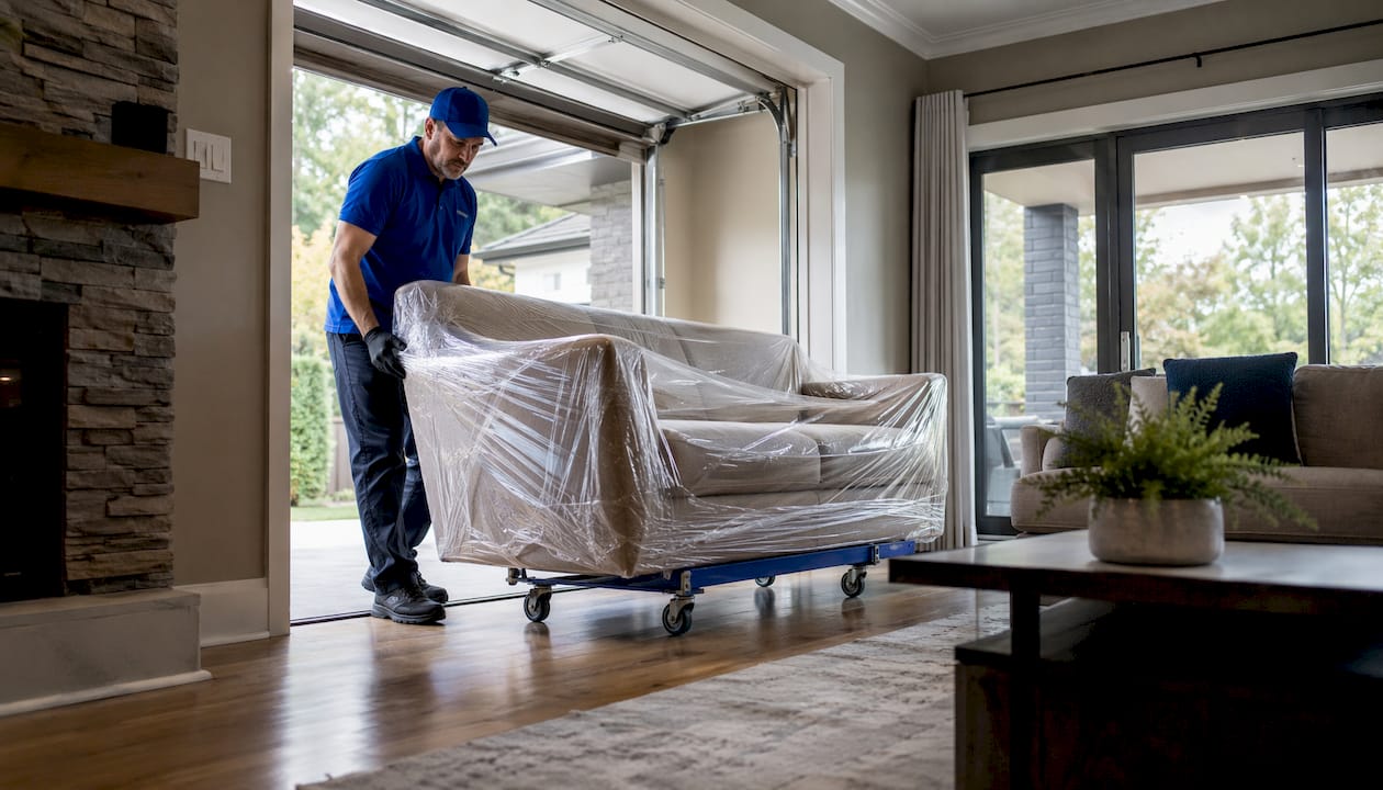 Delivery professional bringing sofa into Ontario home
