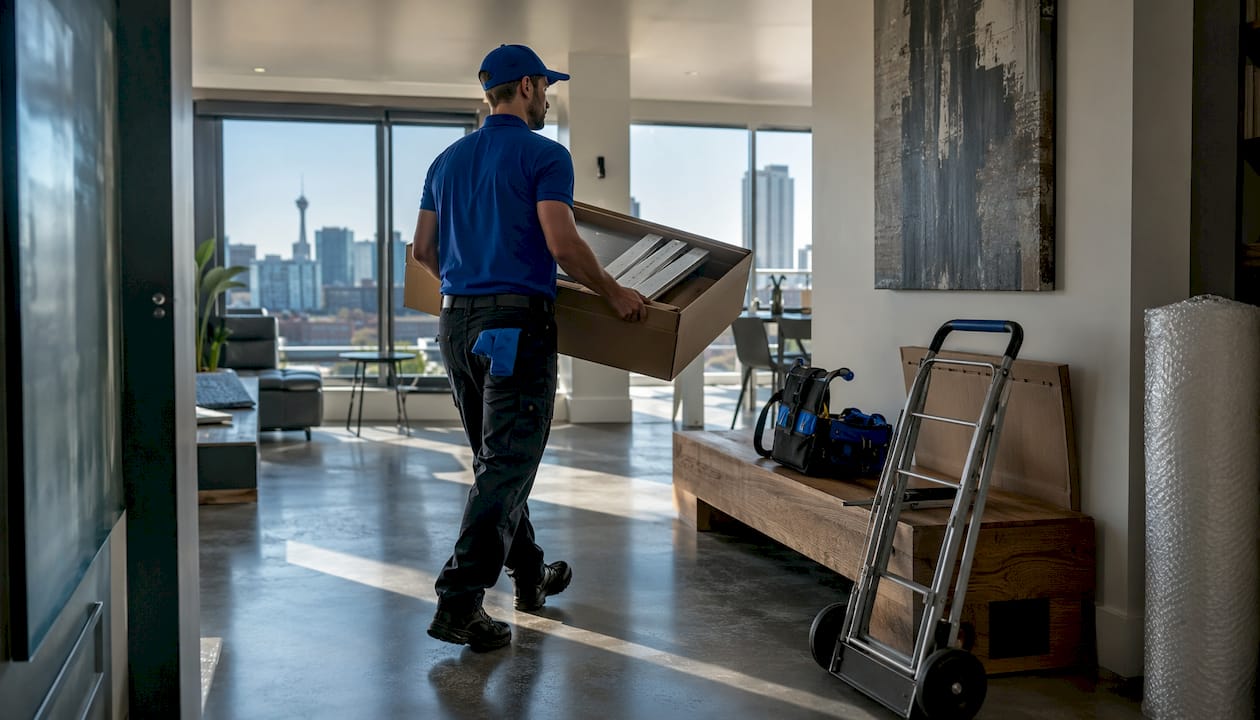 Technician carrying furniture box into living room