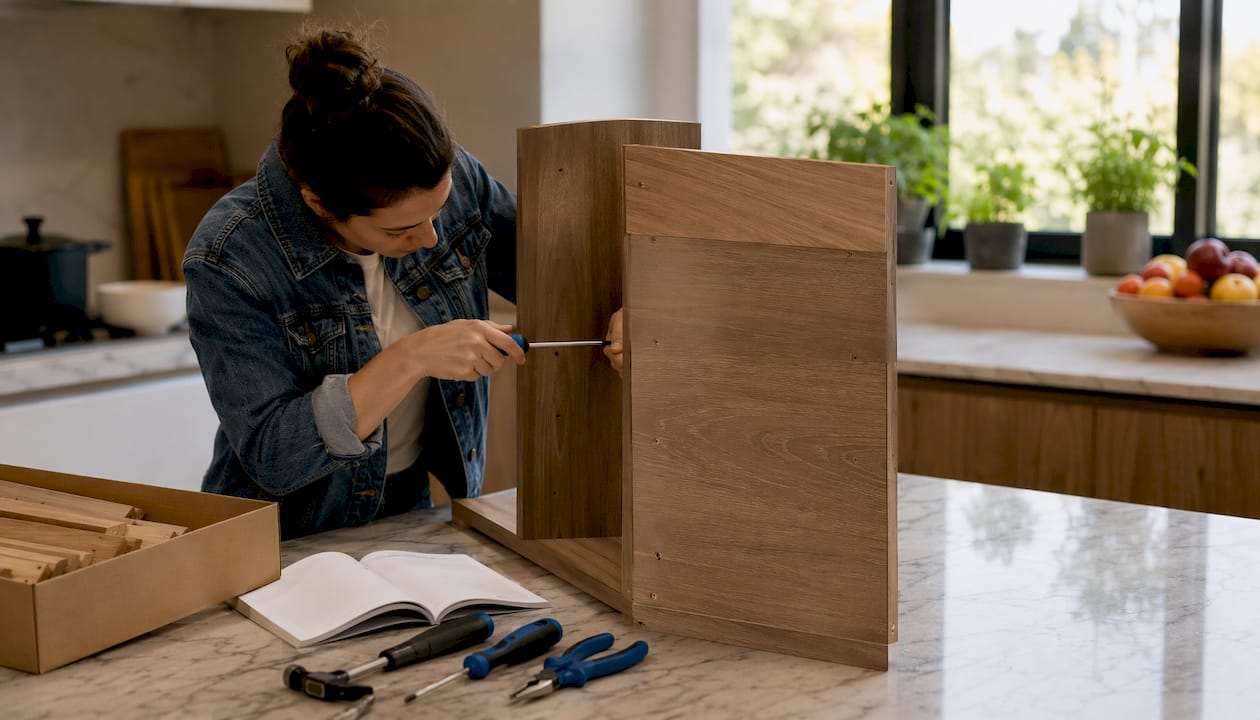 Hands assembling wooden bookshelf with tools