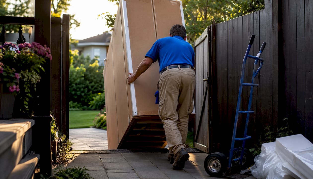 Technician delivering refrigerator to Ontario home