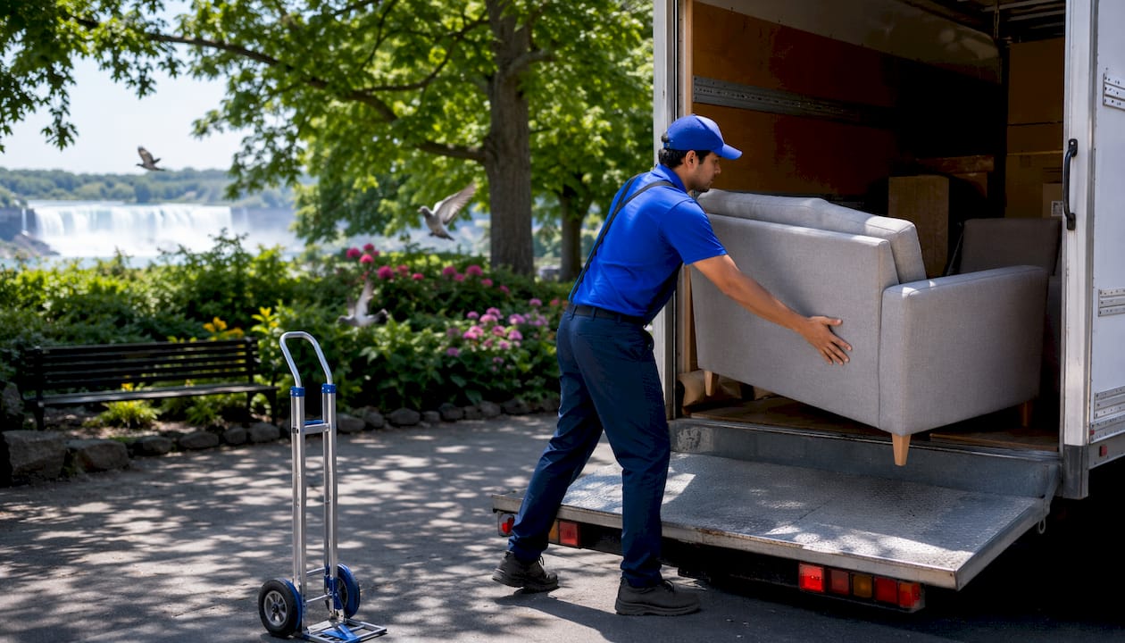 Mover loading sofa onto delivery truck outdoors
