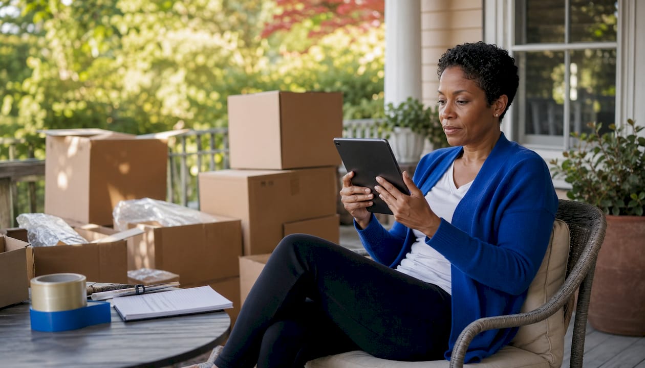 Woman planning moving help using smartphone