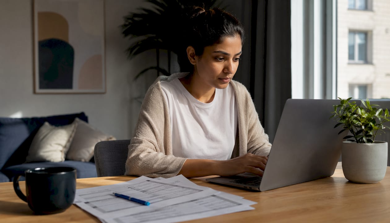 Man searching moving help online at kitchen table