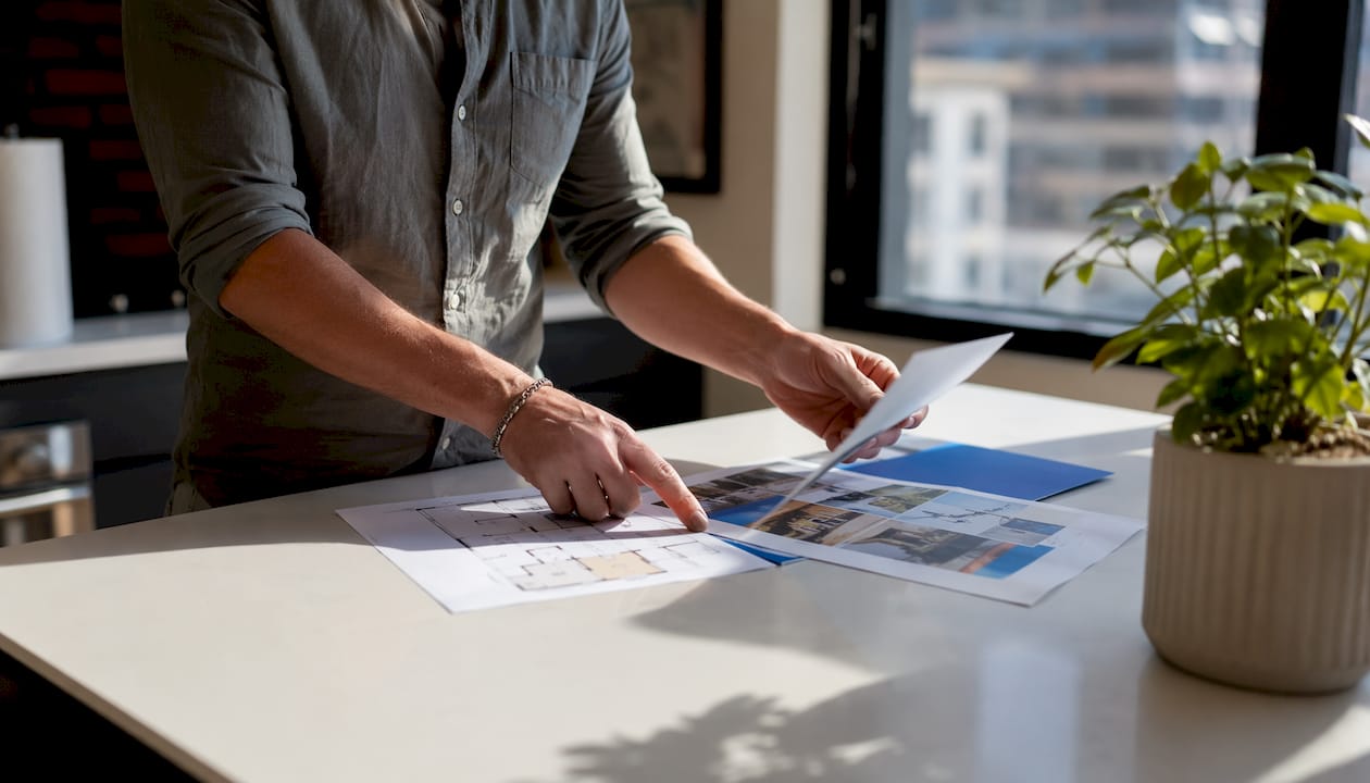 Hands sorting moving service brochures on table