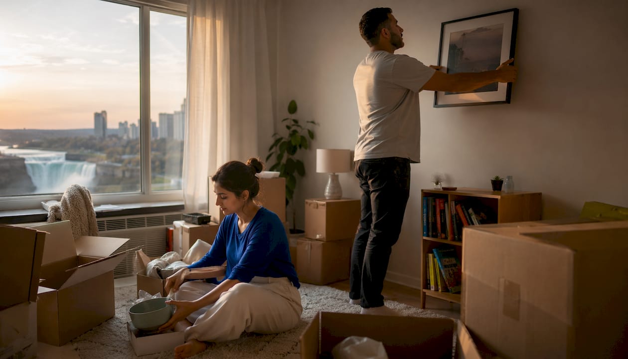 Family unpacking boxes in new home